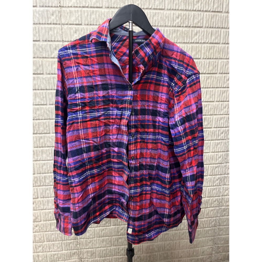 Lands‎ End Plaid Flannel Shirt Red Purple Blue Long  Button Up Top Kids L 14-16